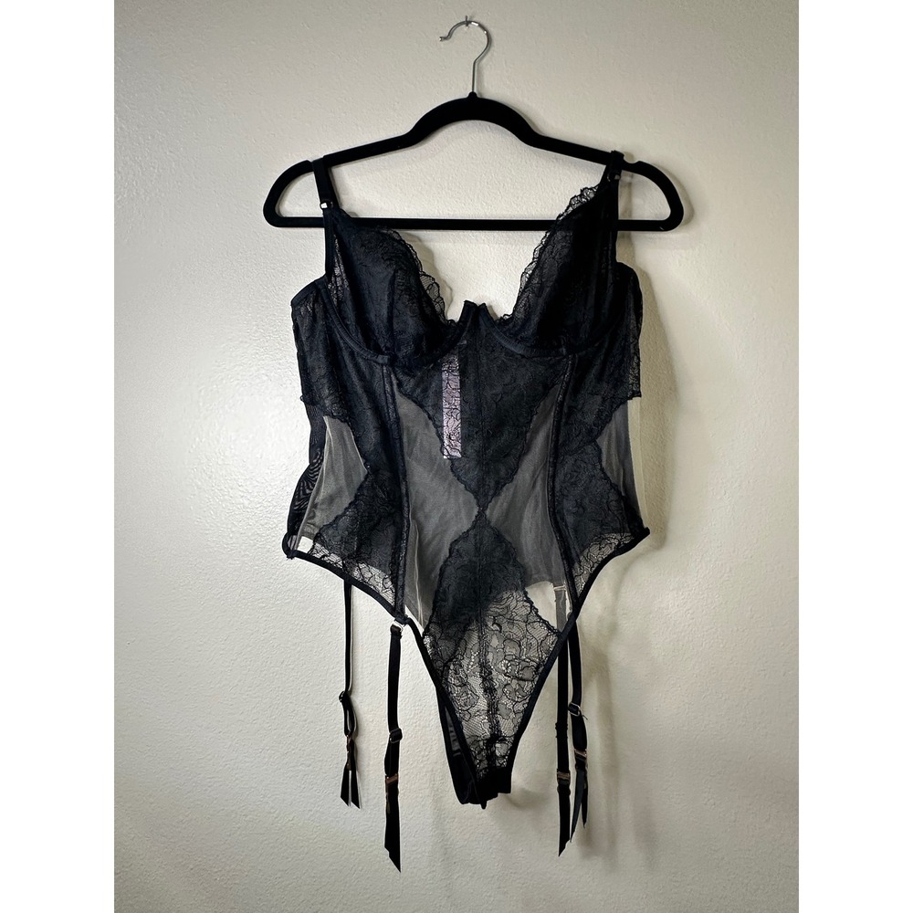 Savage X Fenty Black Lace Garter Bodysuit Underwire Sheer Mesh Large L Womens